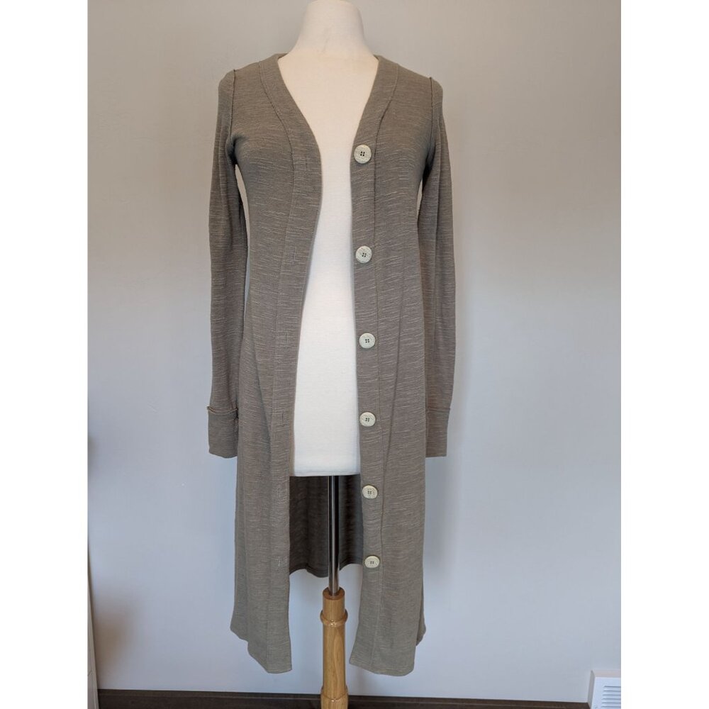 Long Open-Front Olive Green Duster Cardigan Sweater Small